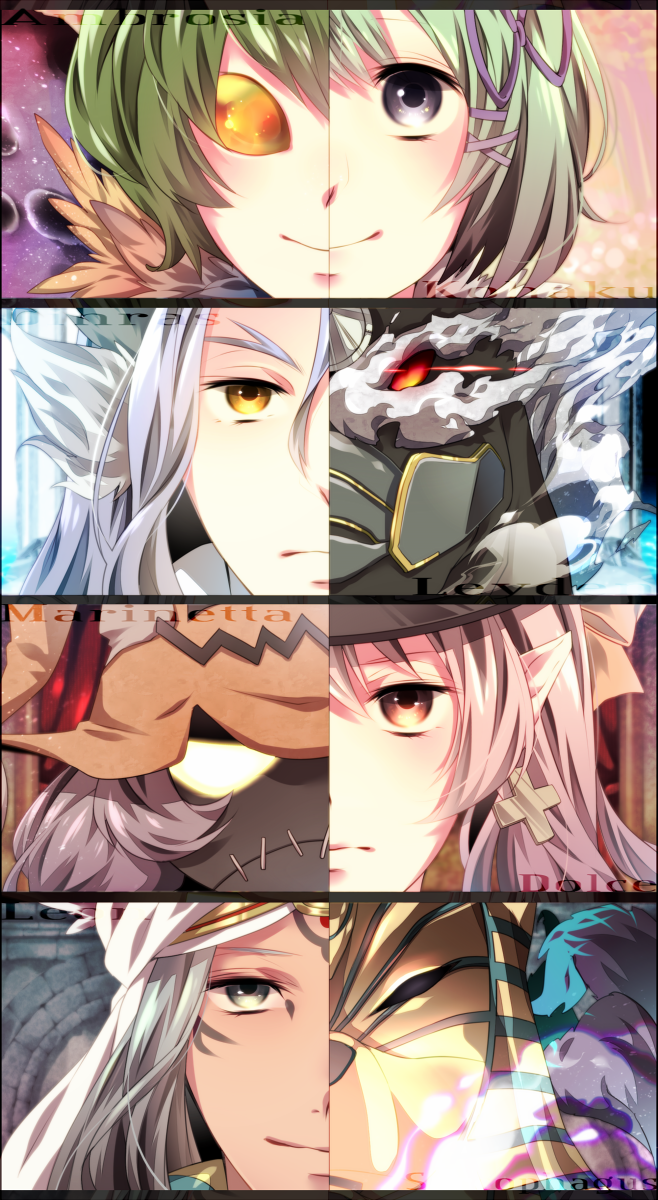 2girls :&lt; a4nu645s alternate_form animal_ears blue_hair character_name close-up dark_skin dark_skinned_male diras dolce_(rune_factory) dual_persona earrings egyptian egyptian_clothes eyebrows face facial_tattoo forked_eyebrows fox_boy fox_ears gold_trim green_hair grey_eyes hair_between_eyes hair_ribbon hat headdress highres horse_boy horse_ears jewelry kohaku_(rune_factory) leon_(rune_factory) long_hair monster monster_boy monster_girl multiple_boys multiple_girls pink_hair pointy_ears purple_hair red_eyes ribbon rune_factory rune_factory_4 short_hair smile tattoo thick_eyebrows twintails wavy_hair yellow_eyes