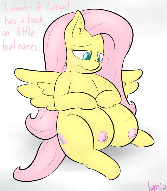 blue_eyes breast_pregnancy breasts cutie_mark equine female feral fluttershy_(mlp) friendship_is_magic fur hair horse lamiaaaa mammal my_little_pony pegasus pink_hair pony pregnant solo teats wings yellow_fur