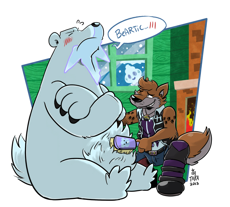 anthro bayson_(character) bayton bear beartic being_watched blush brushing canine claws clothing crossed_arms eyes_closed fire fireplace fur grin inside male mammal necklace nintendo one_eye_closed overweight pok&#233;mon pok&eacute;mon polar_bear secretly_loves_it takataka trainer vanillite video_games wink wolf