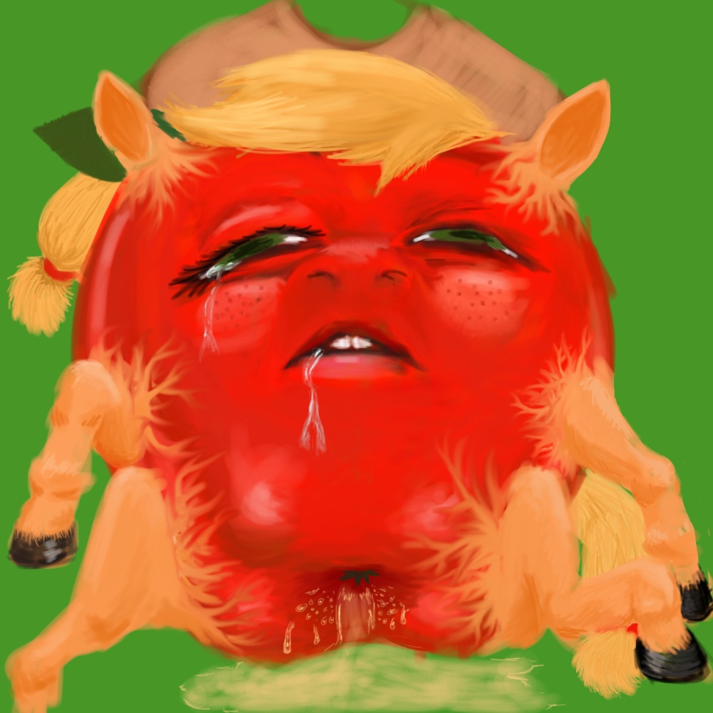 apple apple_juice applejack_(mlp) blonde_hair cowboy_hat creepy crying cum drooling equine female freckles friendship_is_magic fruit fur grass green_eyes hair hat hooves horse hybrid looking_at_viewer lying mammal my_little_pony nightmare_fuel open_mouth orange_fur outside pony presenting saliva solo spreading tears teeth what