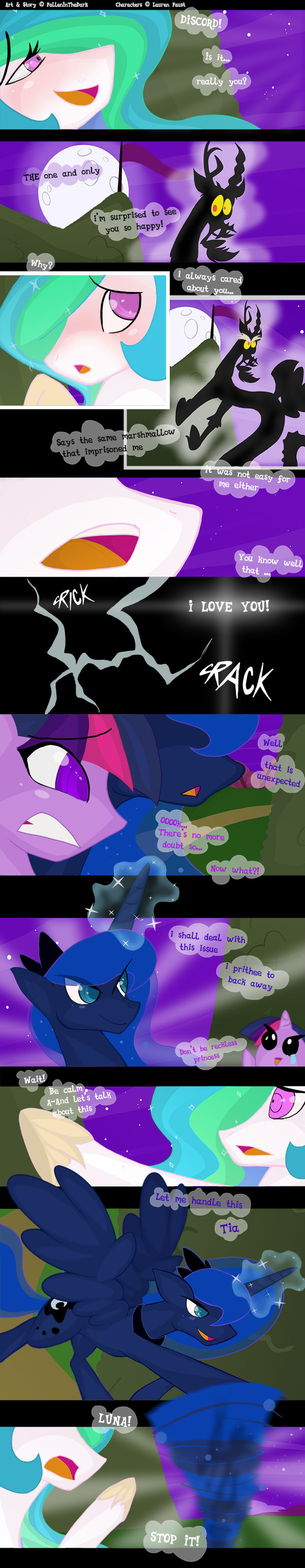 antler blue_eyes blue_fur blue_hair blush comic cutie_mark dialog discord_(mlp) draconequus english_text equine falleninthedark female feral flag friendship_is_magic frown fur hair hair_over_eyes horn horse long_hair looking_at_viewer male mammal moon multi-colored_hair my_little_pony night open_mouth pony princess_celestia_(mlp) princess_luna_(mlp) purple_eyes purple_fur purple_hair red_eyes royalty sculpture shocked sky smile stars statue teeth text tongue twilight_sparkle_(mlp) unicorn white_fur winged_unicorn wings