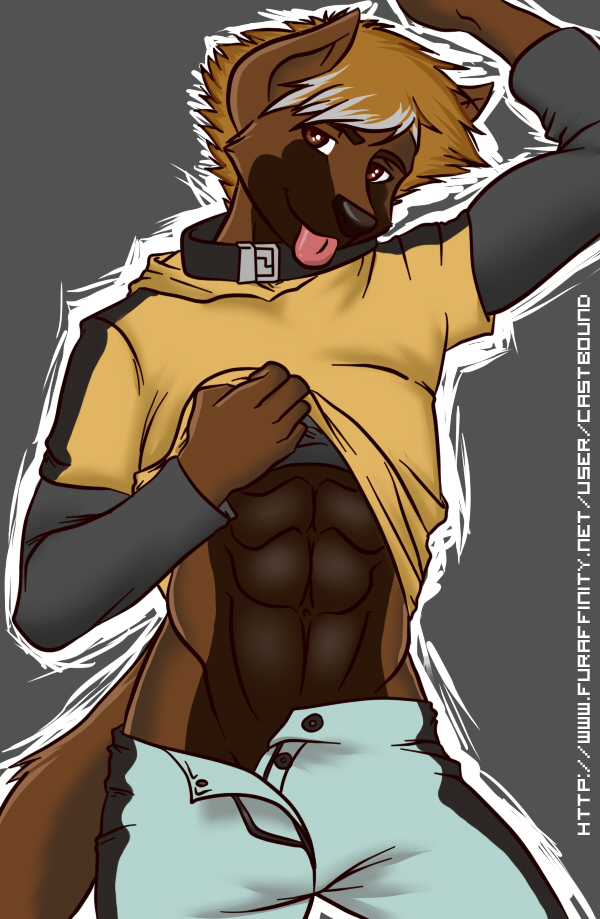 abs anthro black_nose brown_eyes brown_fur brown_hair canine castbound clothing collar fur grin hair looking_at_viewer male mammal muscles pants pose shirt shirt_lift smile solo standing tongue tongue_out wolf