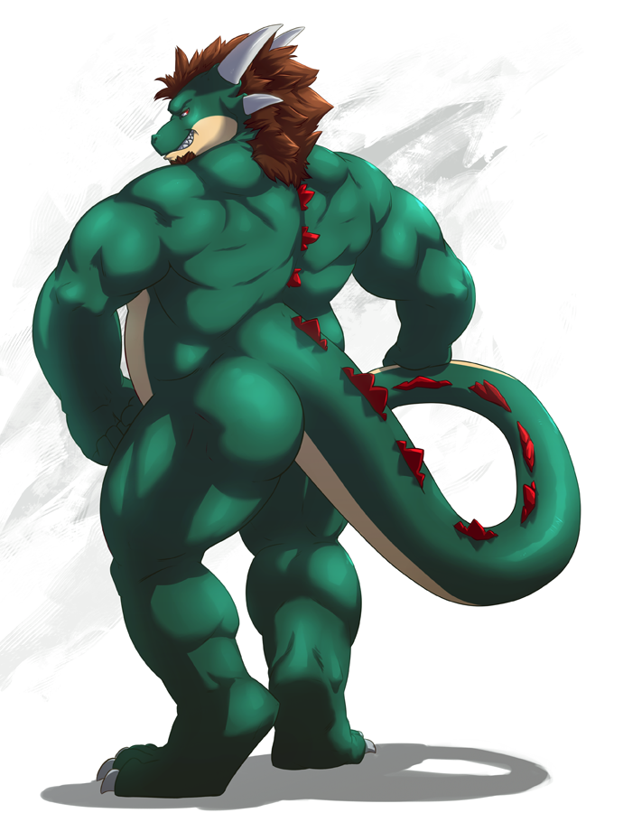 2013 back back_turned beard biceps big_muscles brown_hair butt dragon facial_hair goatee green_dragon hair horn laggio looking_at_viewer looking_back male musclegut muscles nude plain_background red_eyes scalie solo standing taoren white_background