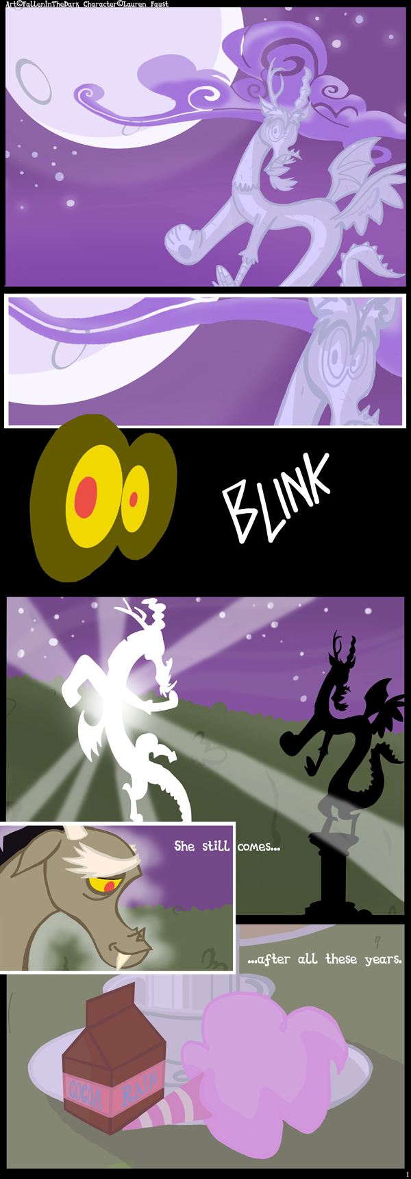 antler cloud clouds comic cotton_candy dialog discord_(mlp) draconequus english_text falleninthedark female friendship_is_magic glowing horn looking_at_viewer magic male moon my_little_pony night red_eyes sculpture sky smile solo stars statue text wings