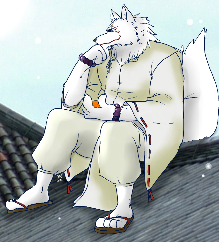 anthro canine claws clothed clothing cloud fox fur gingitsune gintaro hentist japanese_clothing kimono male mammal muscles orange_(fruit) outside pose sandals scar sitting sky solo sun sunny white_fur