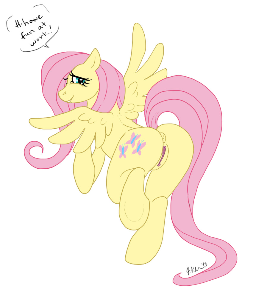 anus blue_eyes butt cutie_mark dialog english_text equine female feral fluttershy_(mlp) friendship_is_magic fur hair horse looking_at_viewer looking_back mammal my_little_pony pegasus pink_hair plain_background pony pussy redrevolution smile solo text white_background wings yellow_fur