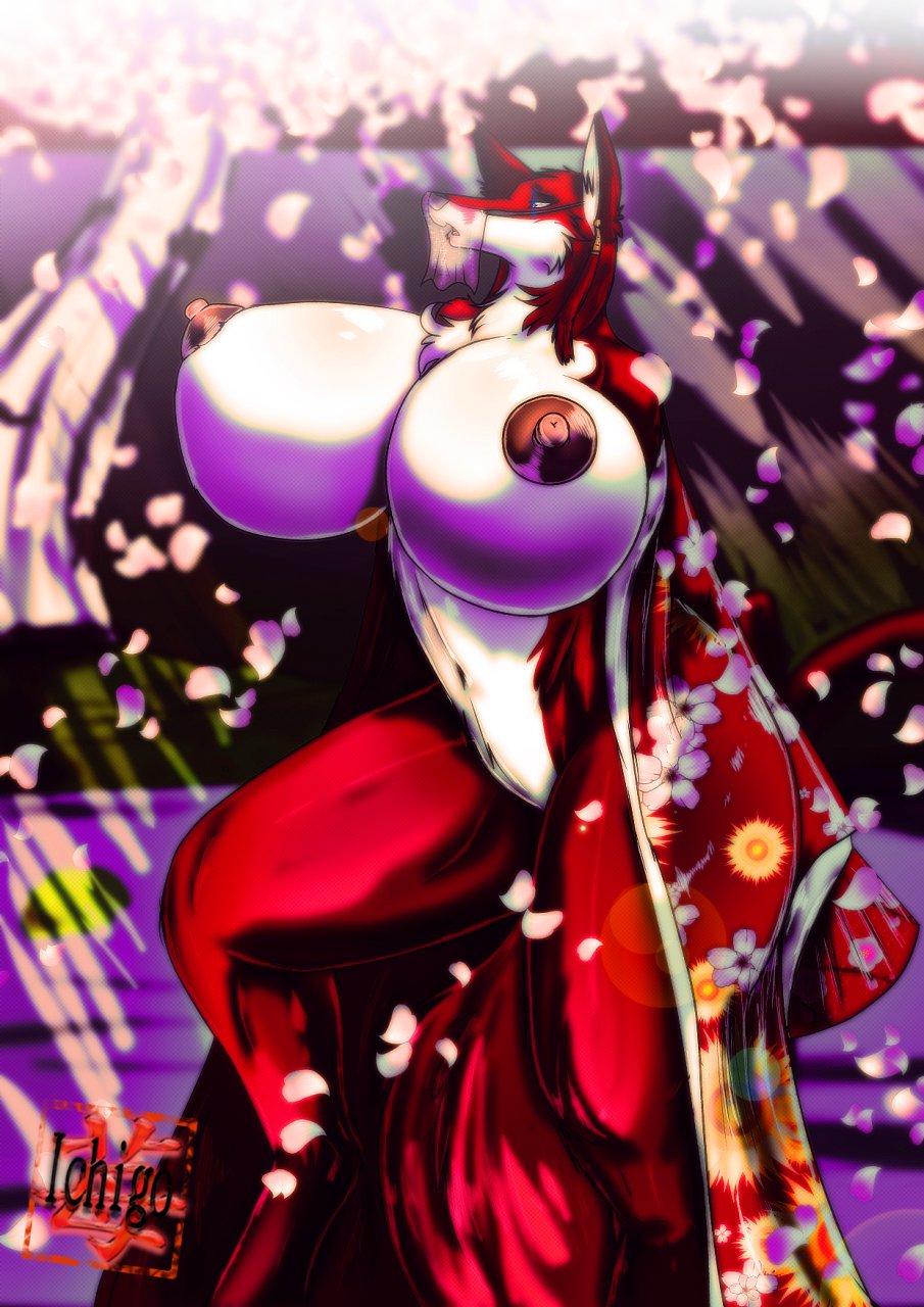 anthro areola big_breasts breasts canine cherry_blossom chest_tuft cleavage clothed clothing detailed_background erect_nipples female fox fur hair half-closed_eyes huge_breasts ichigo mammal navel nipples open_mouth petals red_fur silk solo thick_thighs thighs tuft xtrent968