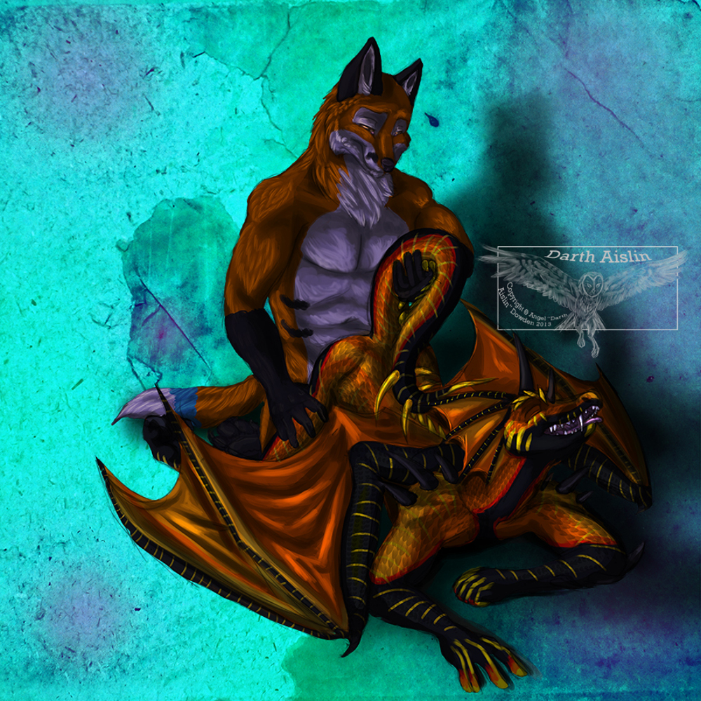 anal anal_penetration anthro ass_up black_fur black_scales butt canine darius-hunter darthaislin dragon duran-hunter eyes_closed fox frills from_behind fur gay gold_scales hand_on_thigh holding_tail luskfoxx lying male muscles nude open_mouth orange_fur orange_scales orgasm penetration purple_tongue red_scales scalie sex white_fur wings