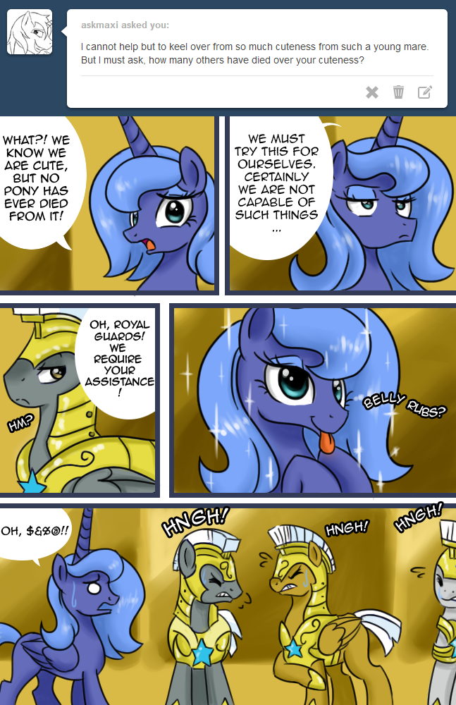 armor blue_eyes blue_fur blue_hair comic cute cutie_mark dialog english_text equine eyeliner female feral friendship_is_magic fur hair heart_attack horn horse long_hair looking_back loopend mammal my_little_pony open_mouth pony princess princess_luna_(mlp) royal_guard_(mlp) royalty smile text tumblr winged_unicorn wings
