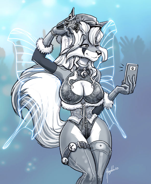 anthro bell bipedal blue_theme breasts canine cellphone cleavage cleavage_cutout clothed clothing collar corset digital_media_(art) female fishnet fluffy_tail fox front_view fur_trim gloves hair halter_top leotard long_hair magolobo mammal nipple_bulge nipples phone selfie smile solo standing thigh-high_boots thigh_socks three-quarter_portrait