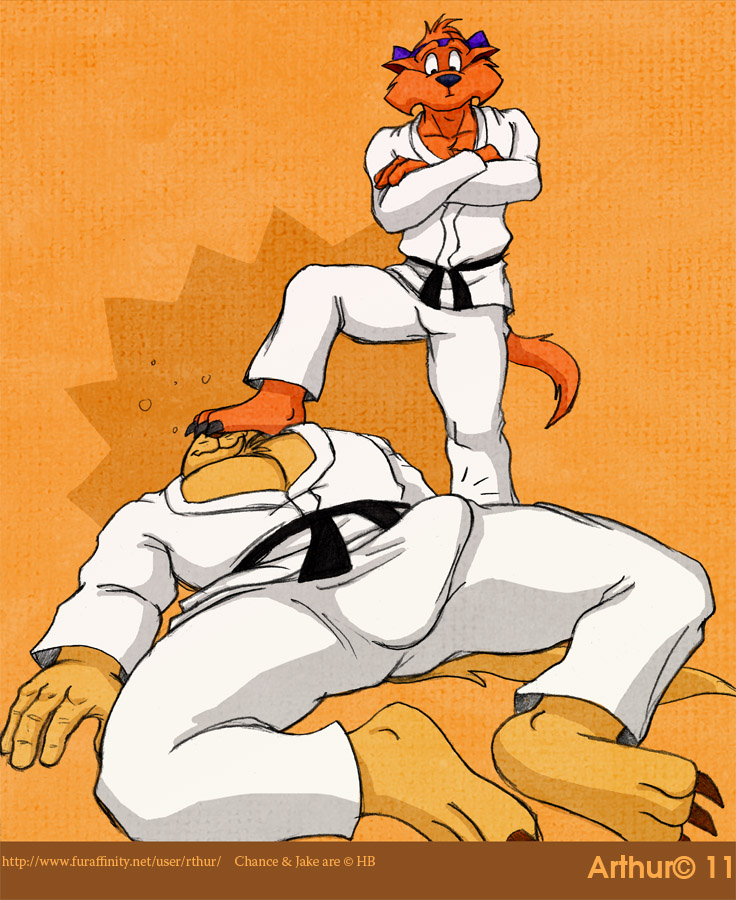 3_toes anthro belt biceps big_muscles bulge cat chance_furlong chest_tuft claws clothing crossed_arms digitigrade feline fur jake_clawson karate looking_down lying male mammal muscles on_back orange_fur pecs plain_background rthur spread_legs spreading standing swat_kats tuft