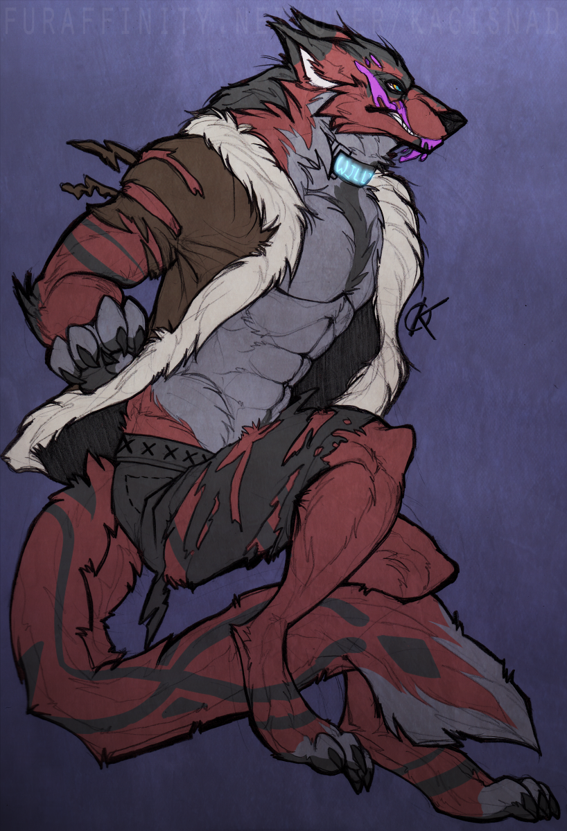 abs anthro biceps big_muscles blue_eyes canine chest_tuft claws collar fur kagisnad male mammal markings muscles pecs red_fur solo tattoo tuft were werewolf williamca wolf