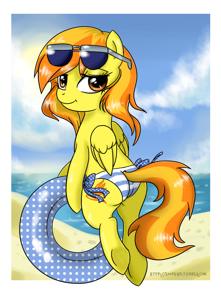 amber_eyes beach butt cloud clouds cutie_mark equine eyewear female feral friendship_is_magic fur hair horse looking_at_viewer loopend mammal my_little_pony orange_hair outside pegasus pony seaside smile solo spitfire_(mlp) sunglasses two_tone_hair wings wonderbolts_(mlp) yellow_fur