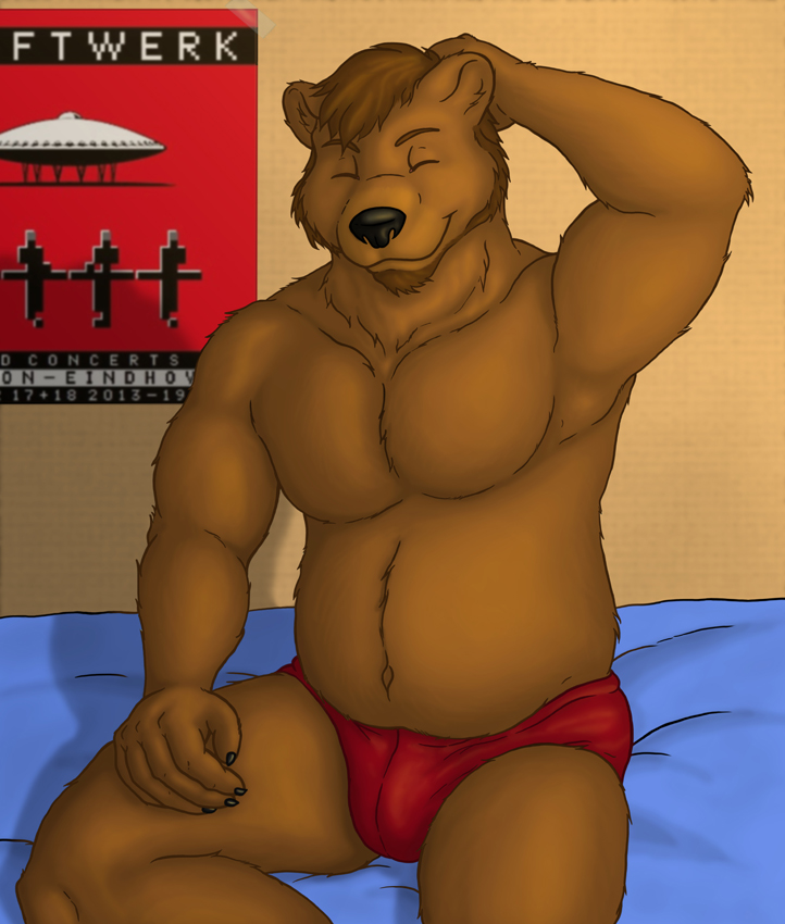 bear bed belly biceps big_muscles chubby grizzly grizzly_bear male mammal muscles shy solo speedo swimsuit underwear