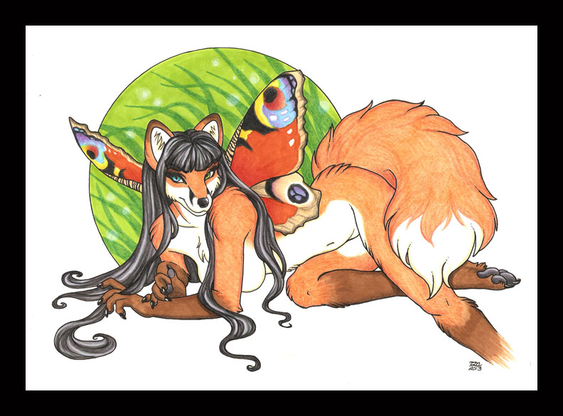 breasts butterfly_wings canine claws female fluffy_tail fox fur gloves_(marking) hair heterochromia hybrid long_hair looking_at_viewer luthien_nightwolf luthiennightwolf lying mammal markings nude orange_fur socks_(marking) solo toe_claws wings