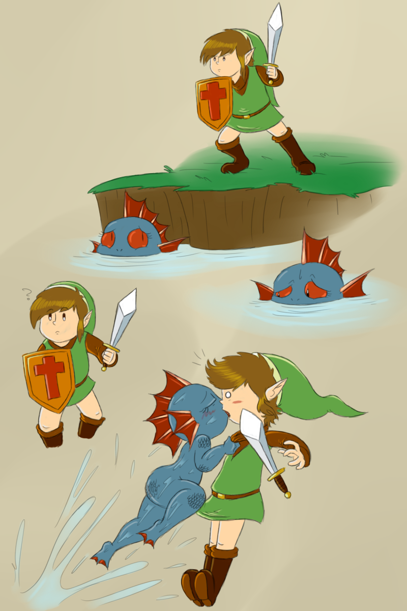 ? blush brown_hair butt female hair hat kissing link lips male pointy_ears river_zora shield sword the_legend_of_zelda timoteihiv video_games water weapon