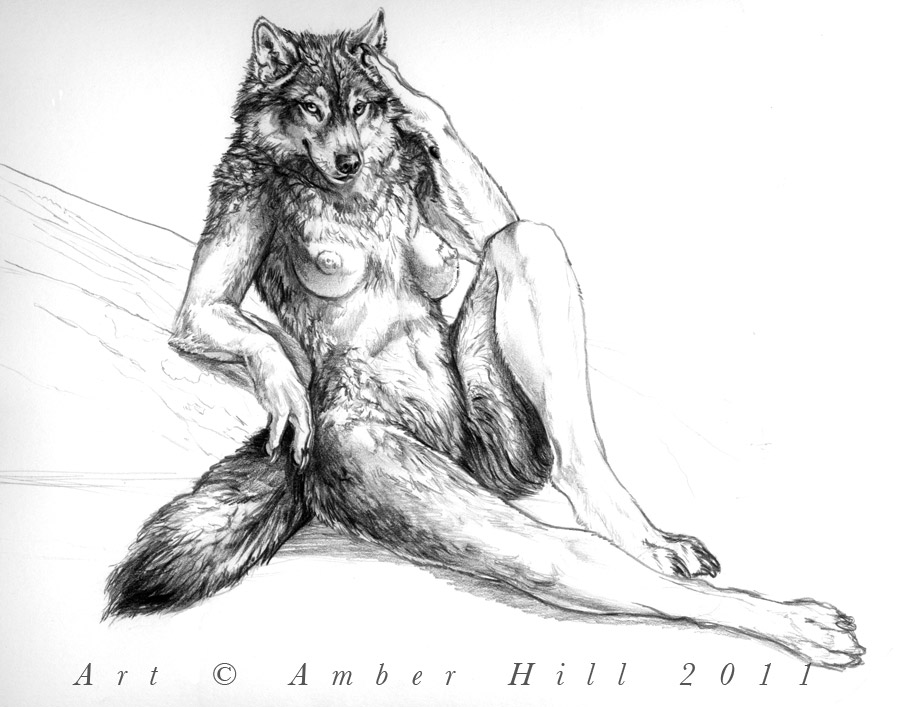 amber_hill breasts canine female looking_at_viewer mammal monochrome navel nipples reclining solo wolf