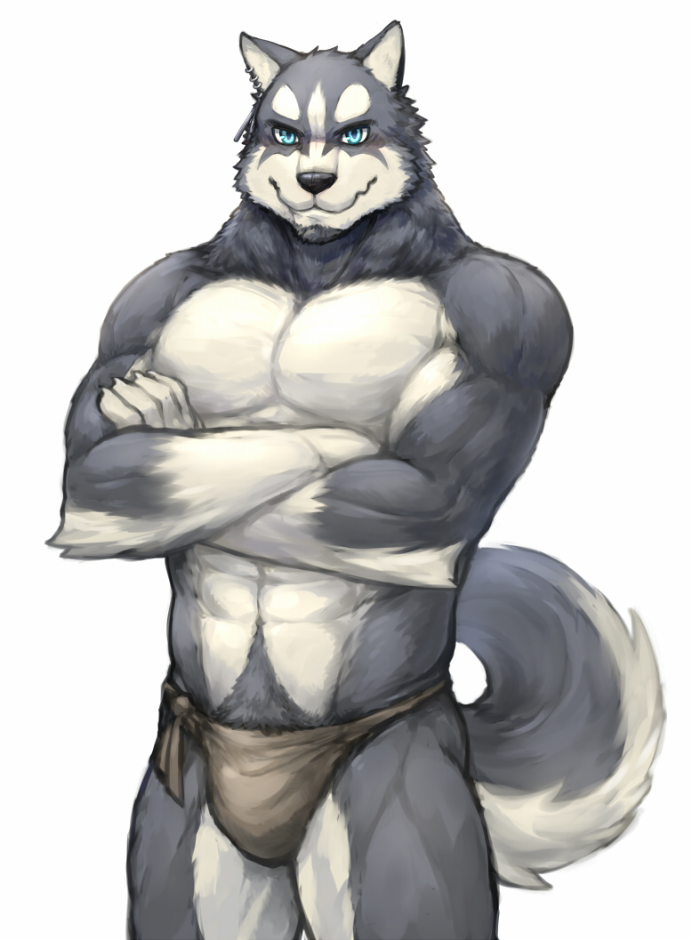 anthro biceps big_muscles black_nose blue_eyes bulge canine claws crossed_arms fundoshi fur grey_fur grin kemono loincloth looking_at_viewer male mammal muscles pecs plain_background pose robbw smile solo standing toned topless underwear white_background wolf