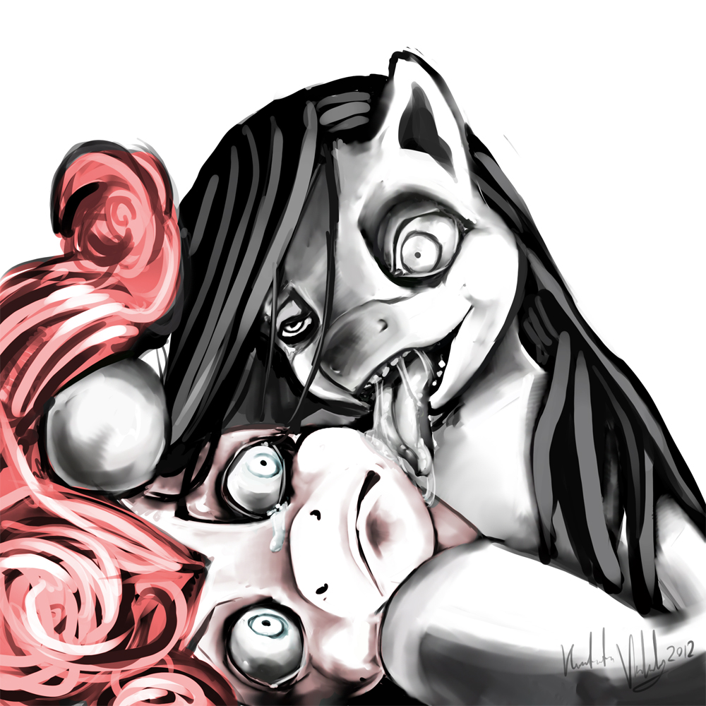 black_hair creepy drooling duo equine female feral friendship_is_magic frown fur grey_fur hair horse kvernikovskiy licking long_hair mammal my_little_pony nightmare_fuel open_mouth pink_fur pink_hair pinkamena_(mlp) pinkie_pie_(mlp) pony saliva smile soul_devouring_eyes square_crossover tears teeth tongue tongue_out