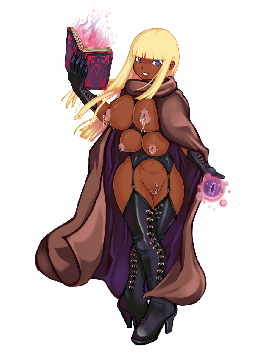 big_breasts blonde_hair blue_eyes book breasts cloak clothed clothing corruption_of_champions dark_skin erect_nipples female hair inverted_nipples lactating long_hair looking_at_viewer magic milk multi_breast navel nipples puffy_areola pussy sand_witch_(coc) skimpy smile solo standing yoh-sl