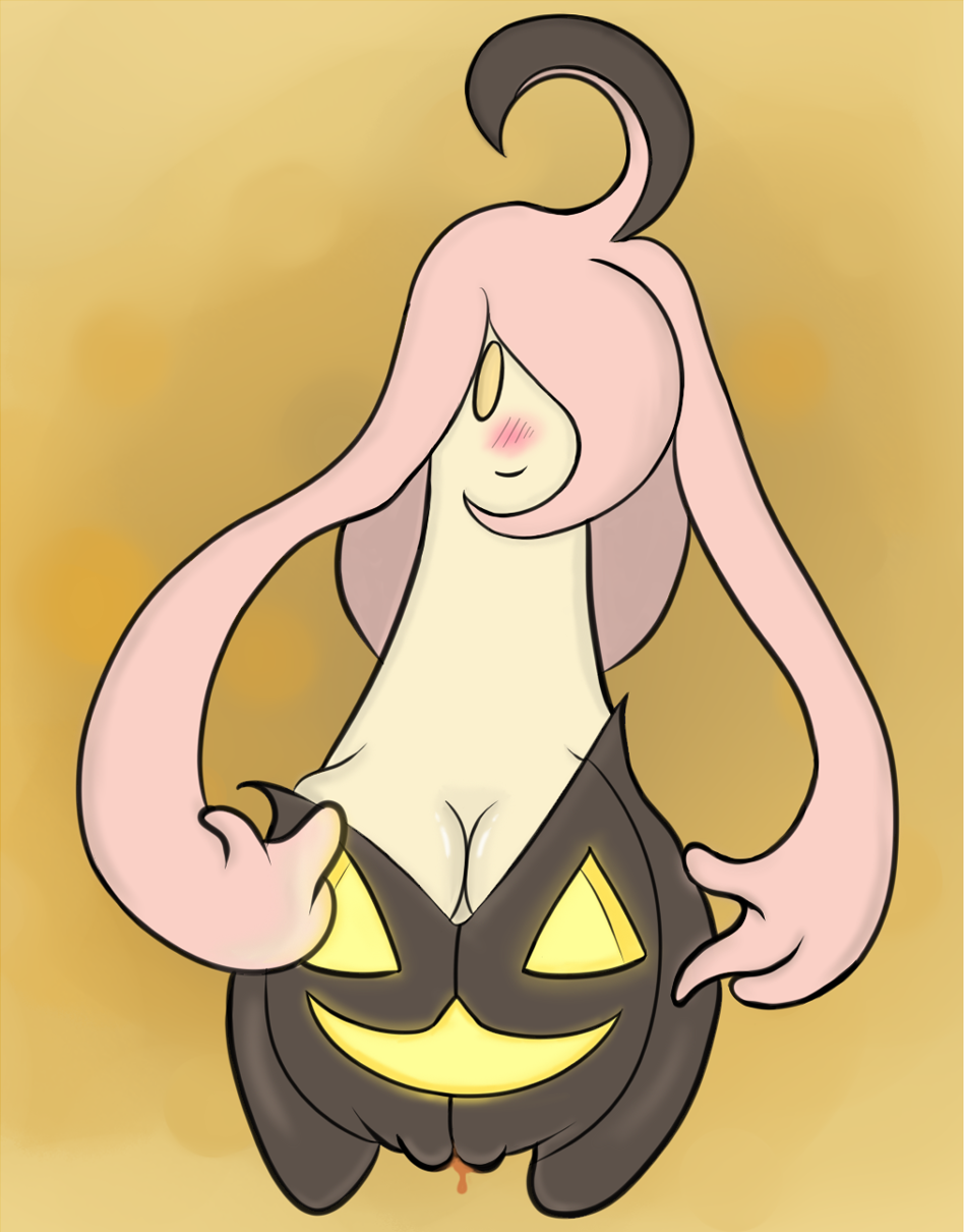 breasts cleavage clothed clothing female gourgeist nintendo pok&#233;mon pok&eacute;mon pumpkin pussy pussy_juice swizzle video_games yellow_eyes