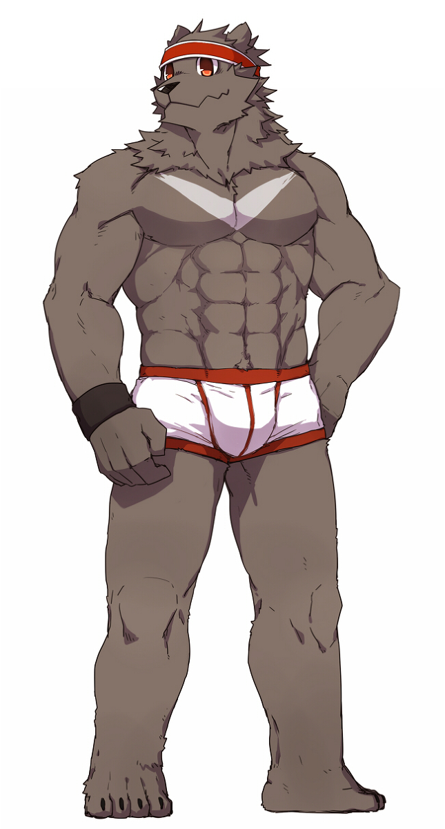amber_eyes anthro bandanna barefoot bear biceps big_muscles black_nose boxers bulge chest_tuft claws fur grey_fur grin male mammal markings muscles pecs plain_background pose robbw smile solo standing toe_claws toned topless tuft underwear white_background wristband