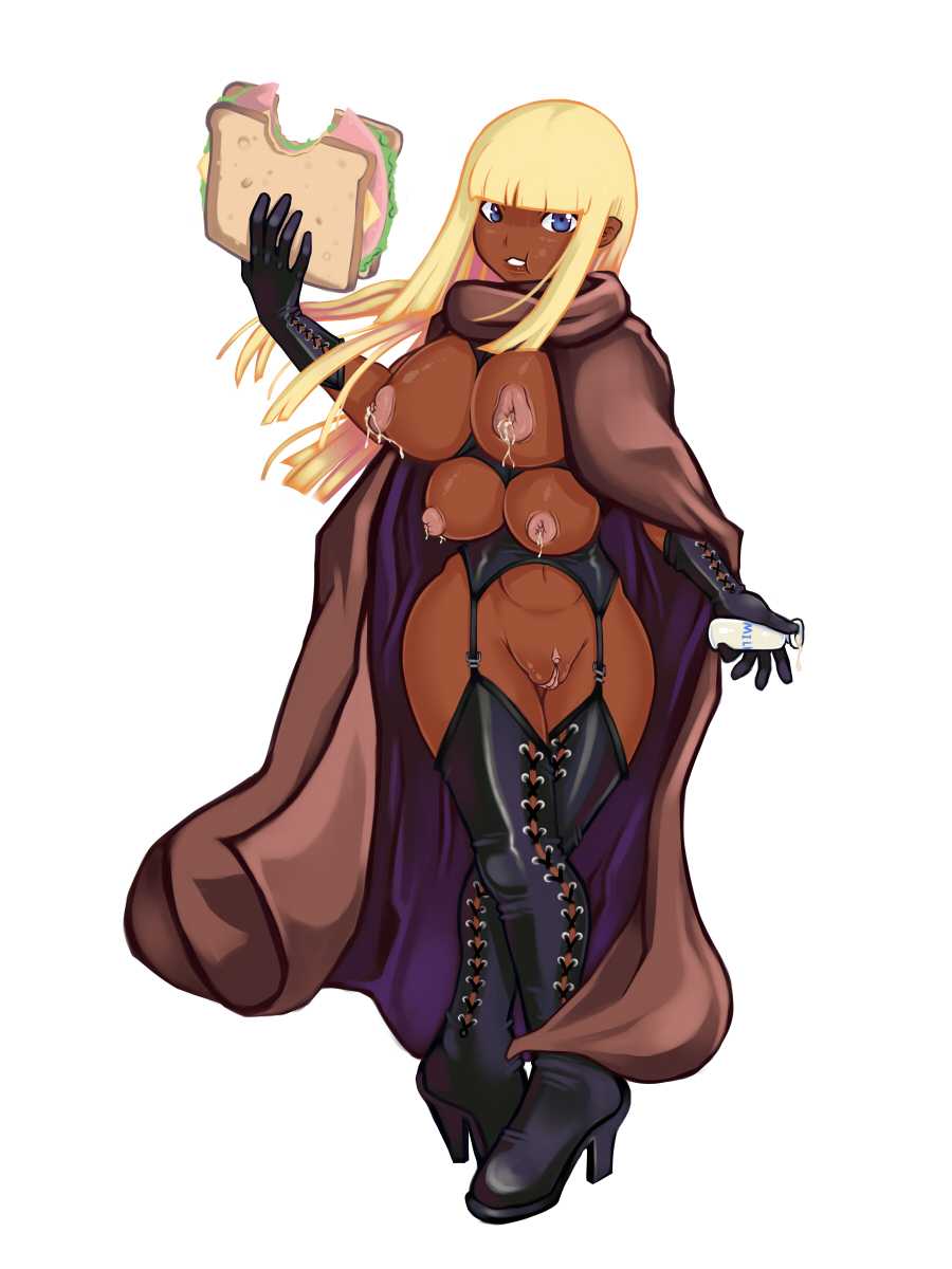 big_breasts blonde_hair blue_eyes bottle breasts cloak clothed clothing corruption_of_champions dark_skin eating erect_nipples female food hair inverted_nipples lactating long_hair looking_at_viewer milk multi_breast navel nipples puffy_areola pussy sand_witch_(coc) sandwich_(food) skimpy solo standing yoh-sl