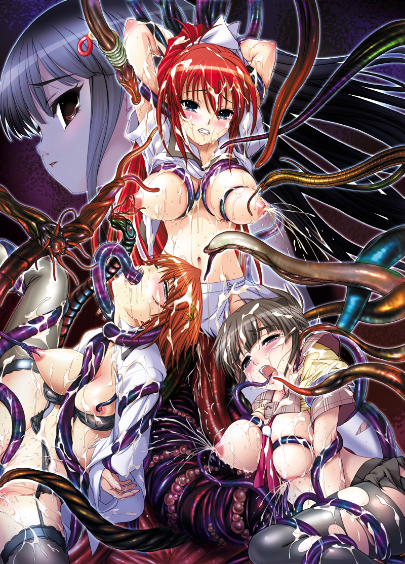 aojiru breasts extreme_content inyouchuu monster nipples open_shirt tentacles thighhighs wet
