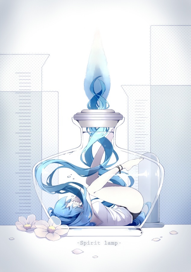 bottle closed_eyes floating_hair hatsune_miku in_bottle in_container lamp long_hair lying lyodi on_back pale_skin solo very_long_hair vocaloid