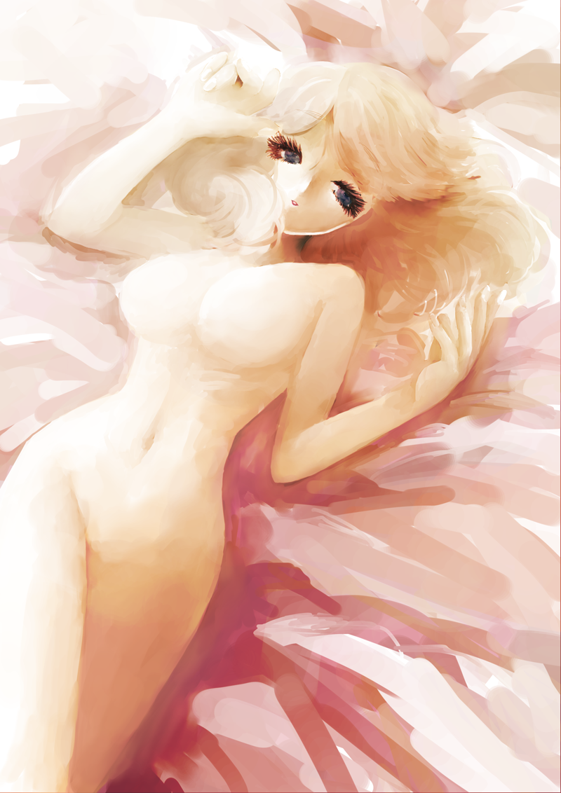black_eyes blonde_hair breasts large_breasts lipstick long_hair lying makeup navel nipples nude on_back original parted_lips solo sumo_(cocomumu)