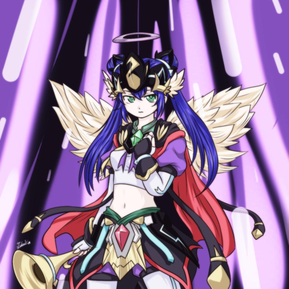angel_wings armor blue_hair cardfight!!_vanguard crop_top green_eyes halo headdress instrument midriff puffy_sleeves revenger,_dark_bond_trumpeter shadow_paladin thighhighs trumpet twintails wings