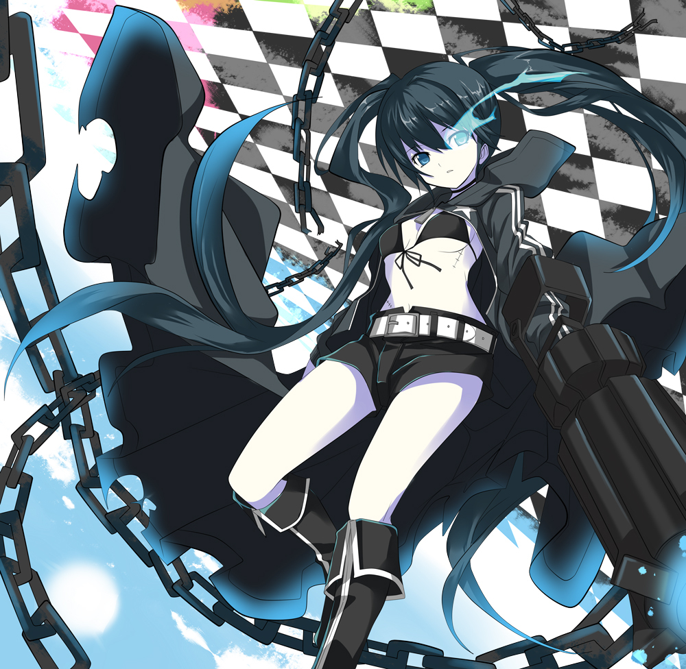 arm_cannon belt bikini_top black_hair black_rock_shooter black_rock_shooter_(character) blue_eyes boots burning_eye chain coat gintarou_(kurousagi108) glowing glowing_eye long_hair looking_at_viewer midriff navel pale_skin scar shorts solo twintails weapon