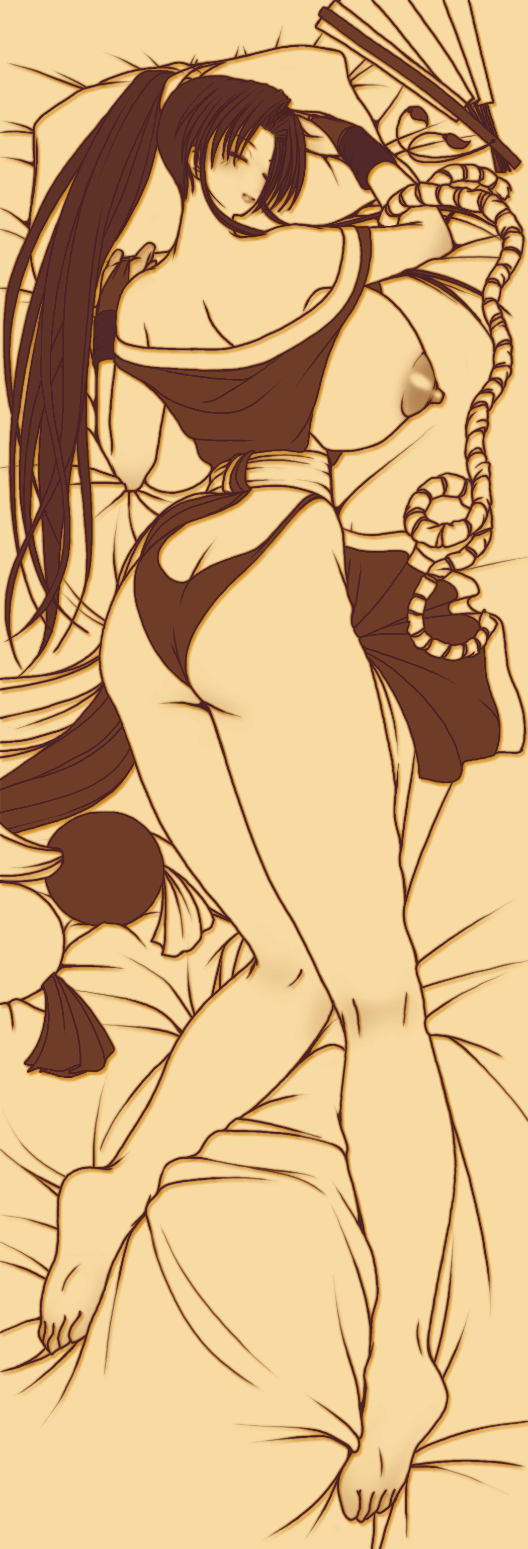1girl absurdres areolae ass bare_shoulders bed breasts breasts_outside eyes_closed fan fatal_fury female highres huge_breasts king_of_fighters konekonewasabii legs long_hair lying monochrome nipples pillow ponytail shiranui_mai sleeping solo