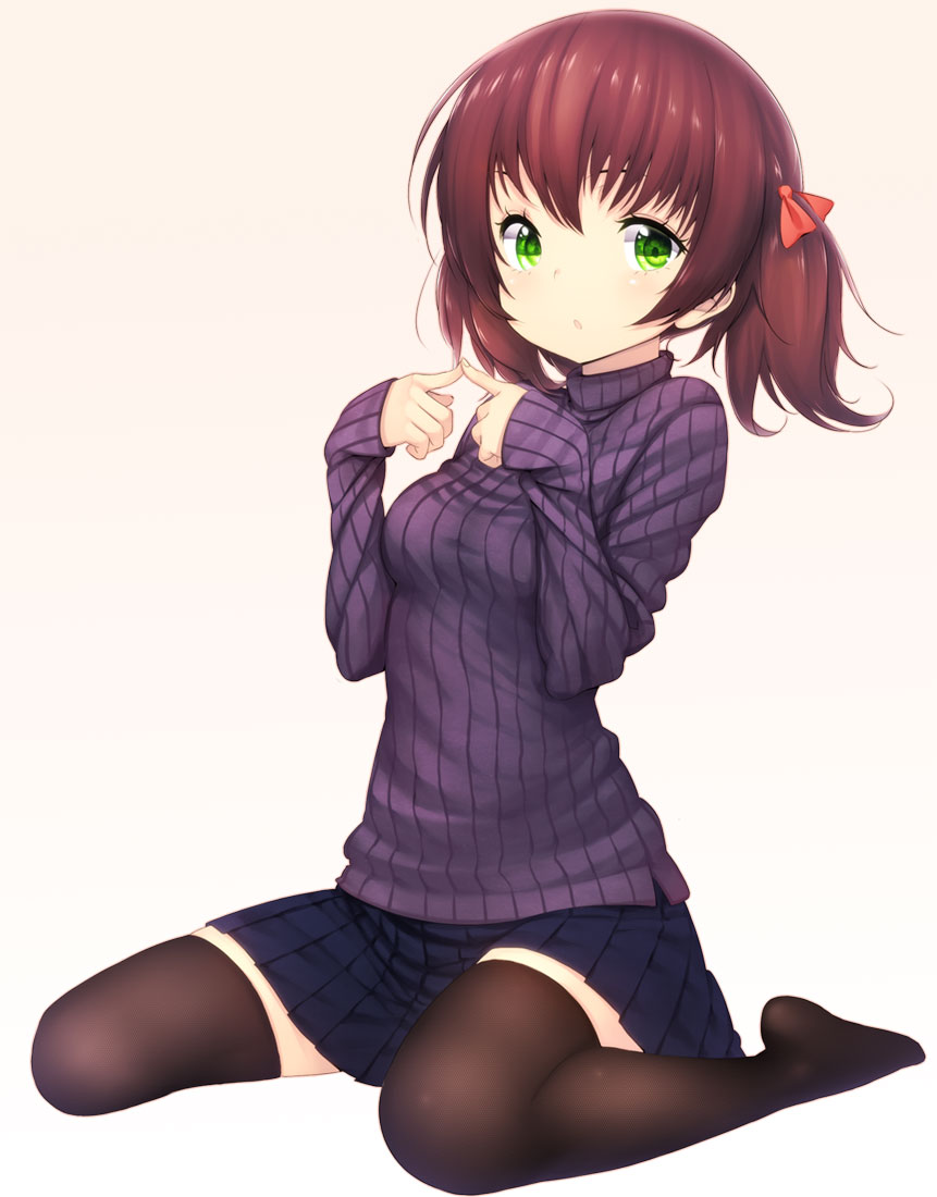 black_legwear brown_hair fingers_together green_eyes hair_ribbon kneeling original ribbed_sweater ribbon skirt solo sweater thighhighs turtleneck zettai_ryouiki zizi_(zz22)