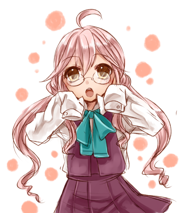 ahoge glasses kantai_collection long_hair long_sleeves looking_at_viewer makigumo_(kantai_collection) open_mouth oversized_clothes pink_hair purple_skirt ribbon sketch skirt sleeves_past_fingers sleeves_past_wrists solo twintails yayoi_(egoistic_realism) yellow_eyes