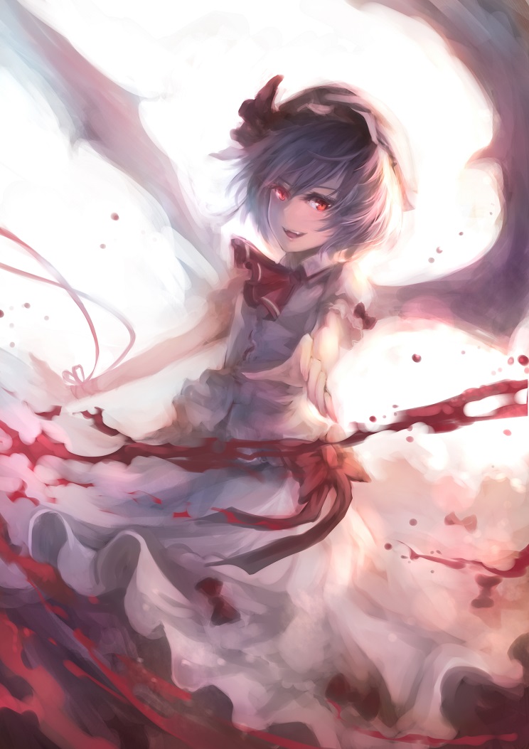 bat_wings blood blue_hair hat ks looking_at_viewer open_mouth red_eyes red_ribbon remilia_scarlet ribbon short_hair skirt smile solo touhou vampire wings
