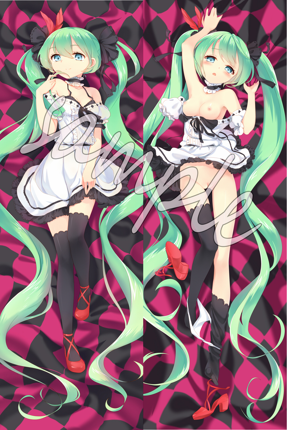 aqua_eyes arm_up bad_id bad_pixiv_id bed_sheet blush bra breasts dakimakura green_hair hatsune_miku high_heels highres kyuri_tizu long_hair lying medium_breasts multiple_views on_back open_mouth panties panty_pull pussy sample sheet_grab shoes_removed smile thighhighs twintails underwear very_long_hair vocaloid world_is_mine_(vocaloid)