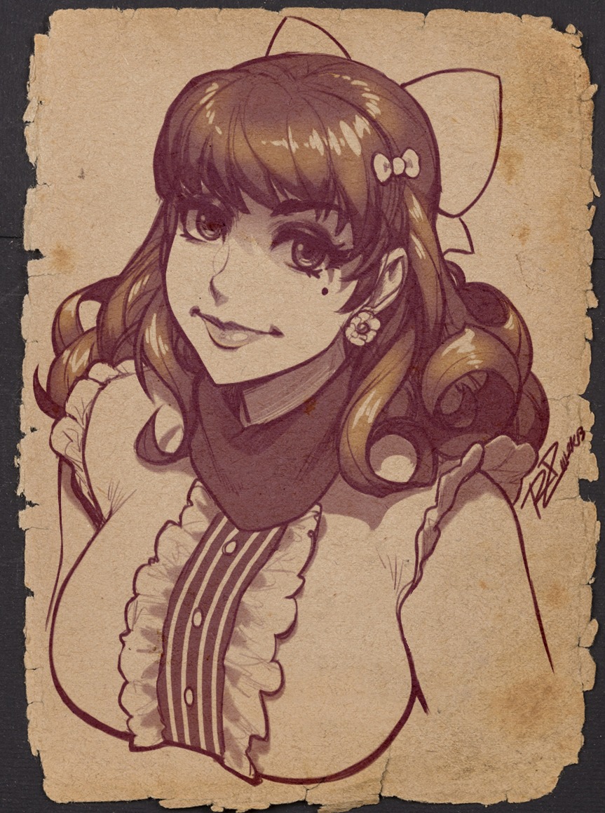 bliss_barson bow breasts cryamore curly_hair earrings faux_traditional_media hair_bow jewelry large_breasts lips long_hair md5_mismatch mole monochrome robert_porter scarf sepia smile solo upper_body