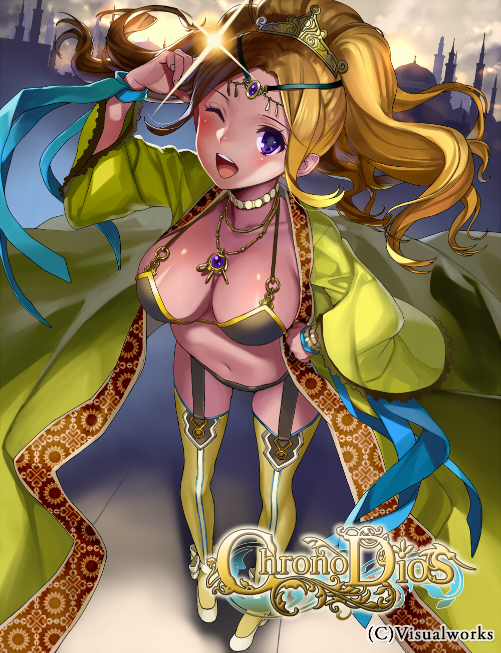 blonde_hair breasts brown_hair choker chrono_dios from_above garter_straps highres jewelry large_breasts looking_at_viewer matsui_hiroaki midriff navel necklace one_eye_closed pigeon-toed ponytail purple_eyes robe solo sunset thighhighs tiara