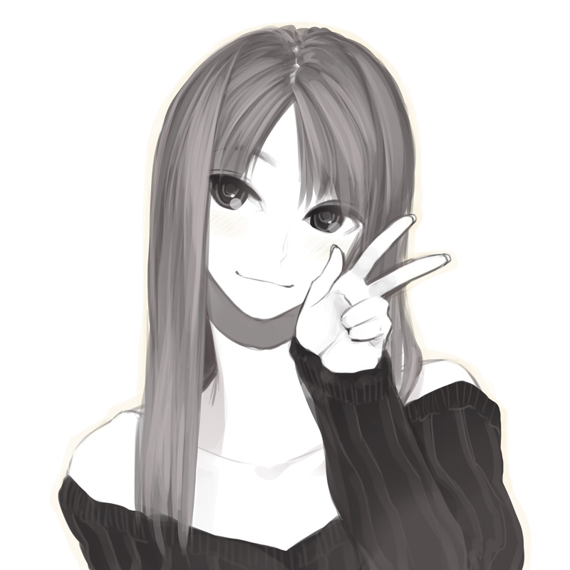 bare_shoulders collarbone fingernails greyscale long_hair monochrome off-shoulder_sweater original poaro ribbed_sweater simple_background smile solo sweater v white_background