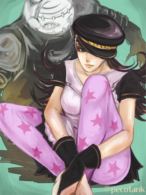 apron bad_id bad_pixiv_id black_hair born_this_way_(stand) hat jojo_no_kimyou_na_bouken jojolion long_hair maid nijimura_kyou pantyhose pecotank stand_(jojo) star star_print