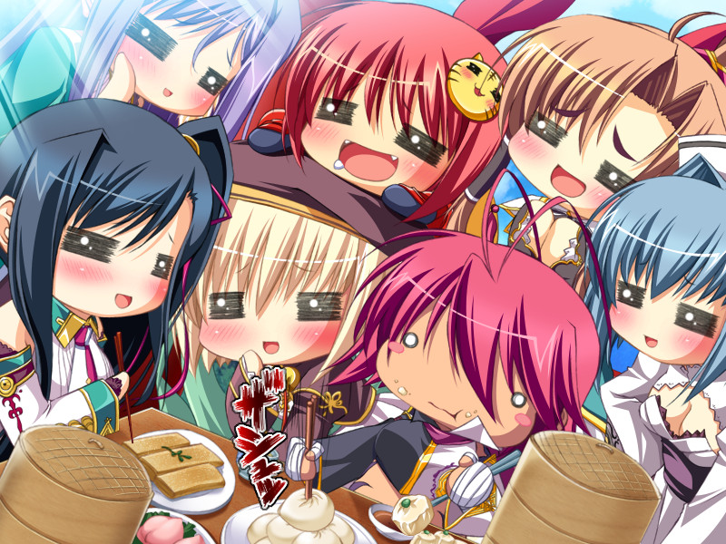 6+girls =_= ahoge bachou beret black_hair blonde_hair blue_hair blush chopsticks chouhi chouun everyone fangs food game_cg hat kan'u kan'u katagiri_hinata koihime_musou kouchuu multiple_girls nikuman o_o purple_hair red_hair ryofu shokatsuryou tiger