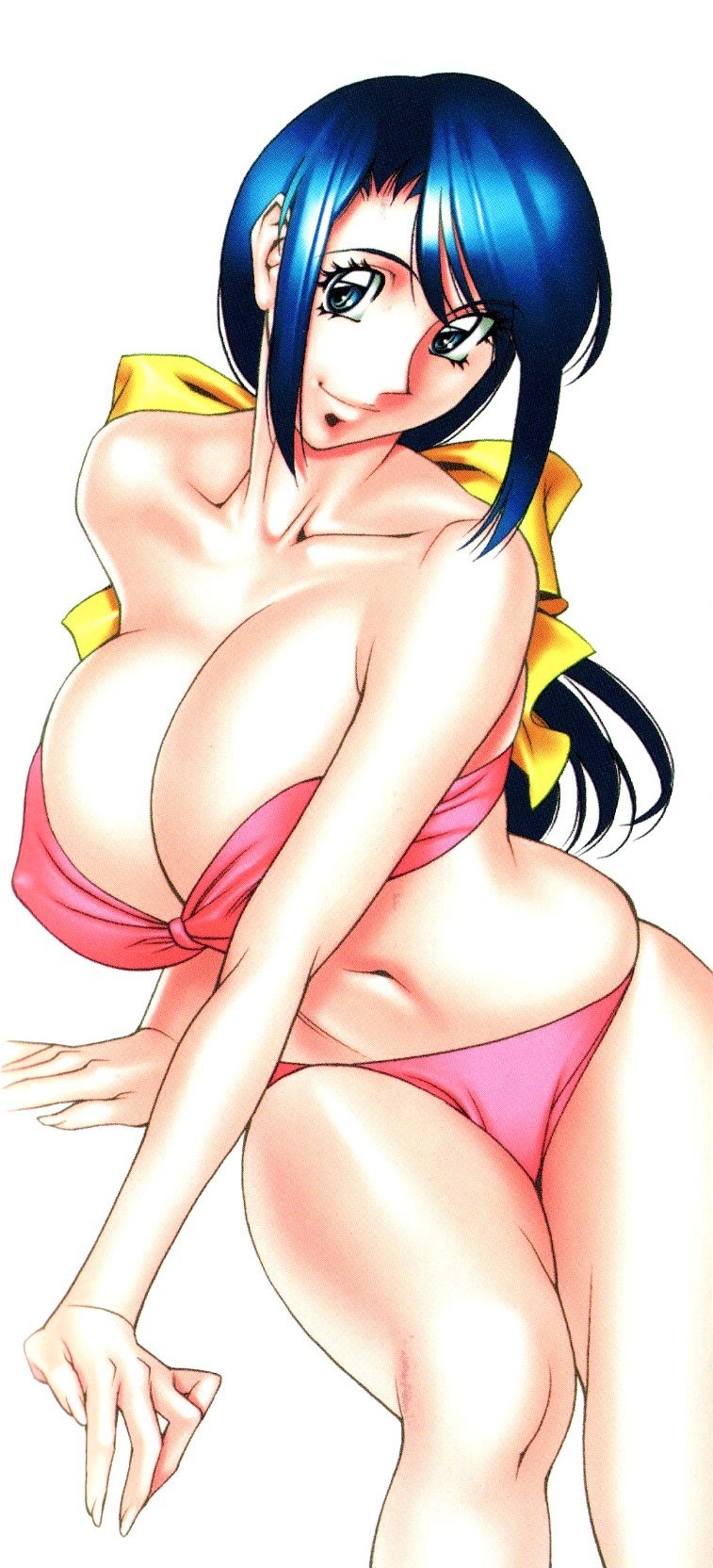 bikini blue_eyes blue_hair breasts collarbone highres large_breasts long_hair looking_at_viewer navel original smile solo swimsuit umetani_kenji