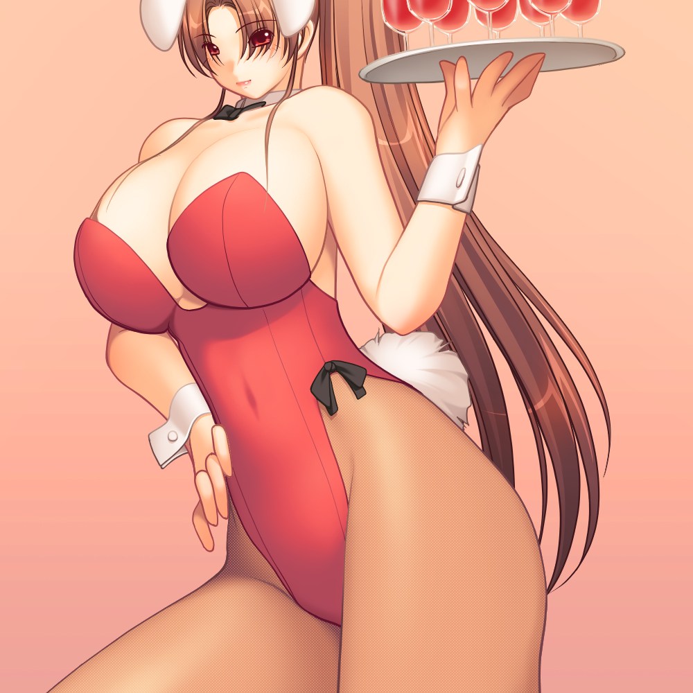 1girl animal_ears bare_shoulders breasts brown_hair bunny_ears bunny_girl bunny_tail bunnysuit curvy fatal_fury female huge_breasts king_of_fighters konekonewasabii long_hair long_ponytail ponytail red_eyes shiranui_mai simple_background snk solo standing tail waitress