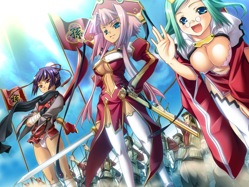 3girls aqua_hair glasses highres hikage_eiji kannei koihime_musou multiple_girls pink_hair purple_hair rikuson sonken thighhighs