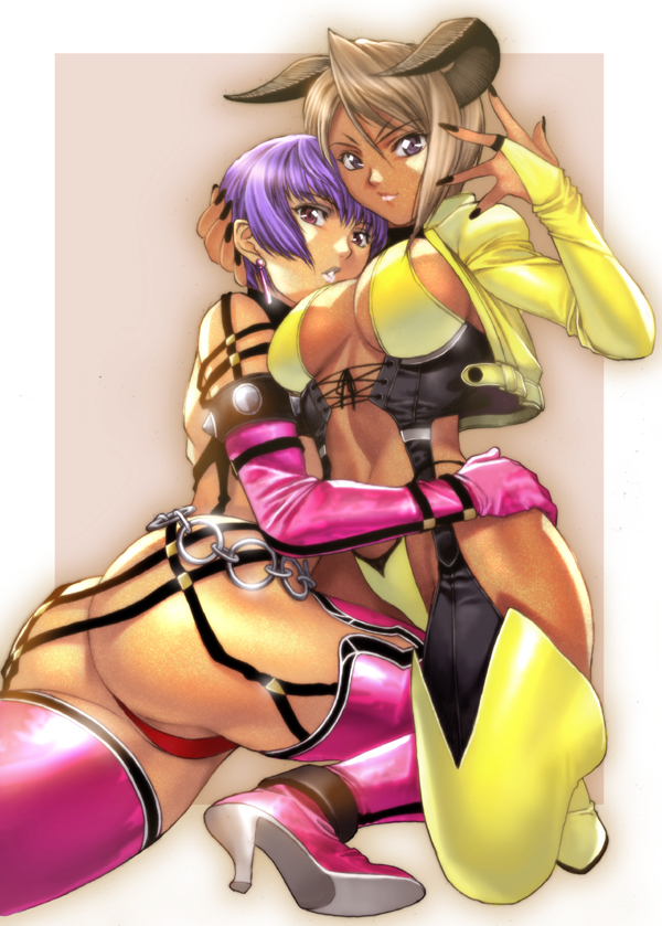 ass boots breasts bridal_gauntlets cleavage corset dark_skin elbow_gloves gloves homare_(fool's_art) horns hug large_breasts leather multiple_girls nail_polish original pink_footwear pink_hair short_hair thigh_boots thighhighs