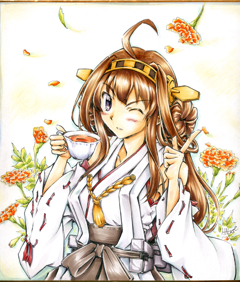ahoge bare_shoulders boots brown_hair cup detached_sleeves double_bun hair_ornament hairband headgear japanese_clothes kantai_collection kongou_(kantai_collection) long_hair looking_at_viewer masana_hatuse purple_eyes skirt solo tea teacup wide_sleeves