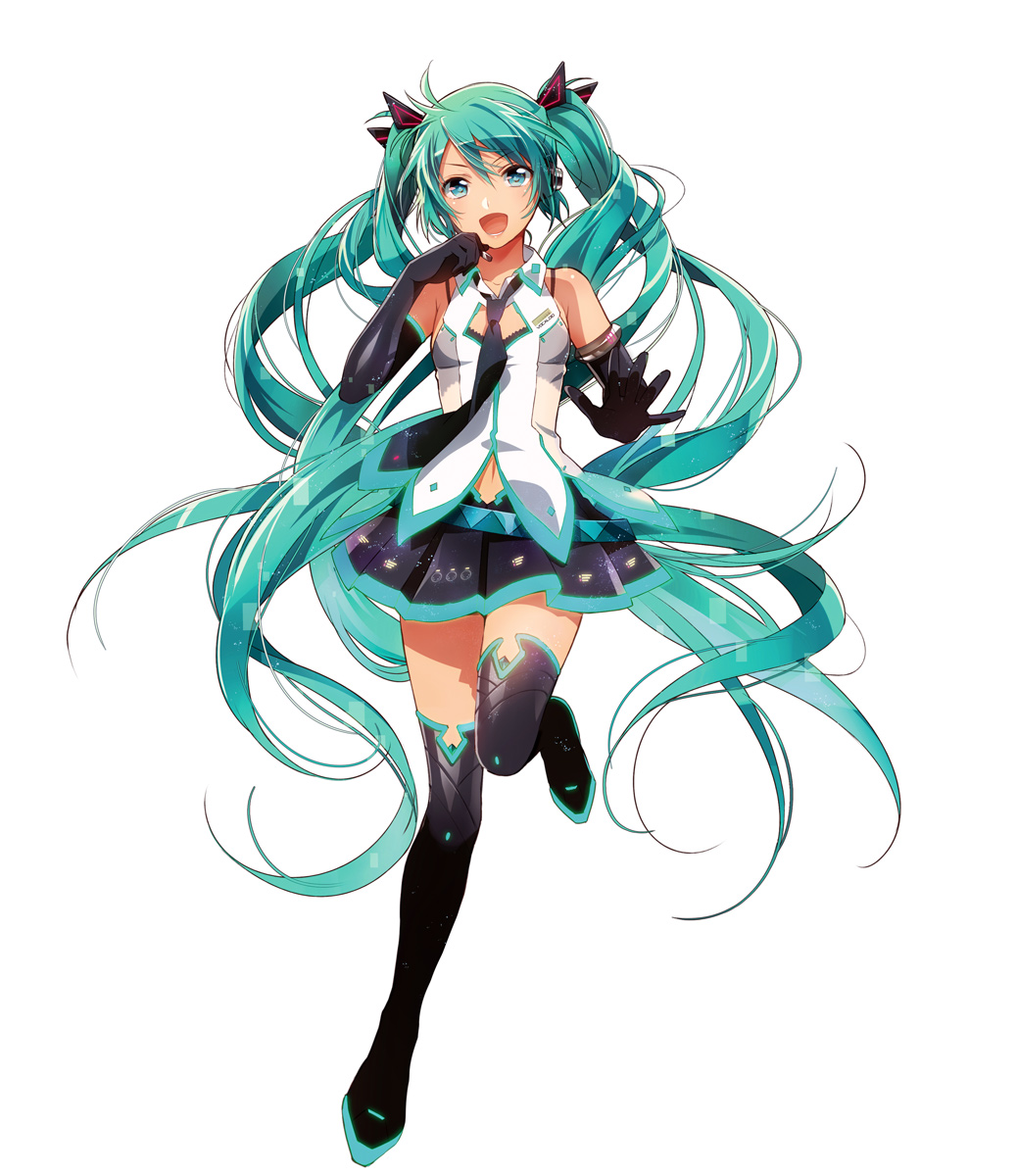 aqua_eyes aqua_hair boots elbow_gloves gloves hatsune_miku headset highres long_hair murakami_yuichi navel necktie open_mouth simple_background skirt solo thigh_boots thighhighs twintails very_long_hair vocaloid white_background