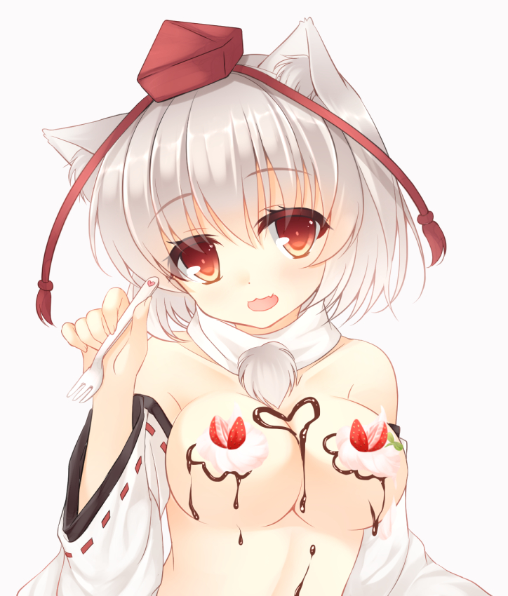 animal_ears bad_id bad_pixiv_id bangs blush breasts chocolate cleavage collar detached_sleeves dripping food fork fruit hat heart holding inubashiri_momiji large_breasts long_sleeves looking_at_viewer miko_92 nude nyotaimori red_eyes short_hair silver_hair simple_background smile solo strawberry tokin_hat touhou upper_body wavy_mouth whipped_cream white_background white_hair wide_sleeves wolf_ears