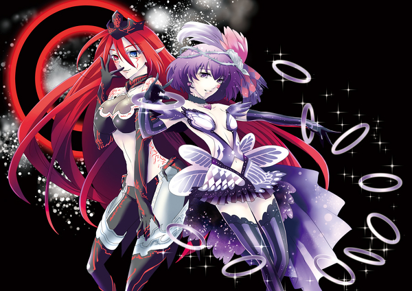 2girls bare_shoulders blue_eyes boots breasts cardfight cleavage crop_top denim elf elf_ears flower gloves hair_ornament headdress heterochromia hoop jeans jewelry latex leather midriff multiple_girls navel pale_moon pants pointy_ears purple_eyes purple_hair red_eyes red_hair ring silver_thorn_dragon_queen_luquier_reverse silver_thorn_hypno_lydia skirt tattoo thigh_boots thighhighs vanguard